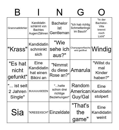 Bachelor Bingo 2017 Folge 3 Bingo Card