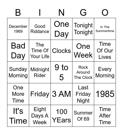 Time Flies Bingo Card