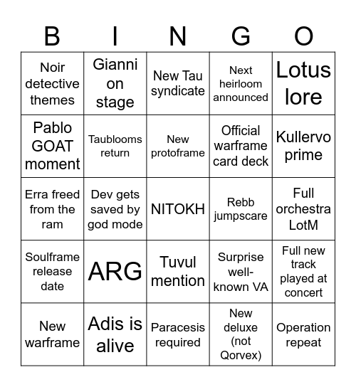 Tennocon 2026 Bingo Card