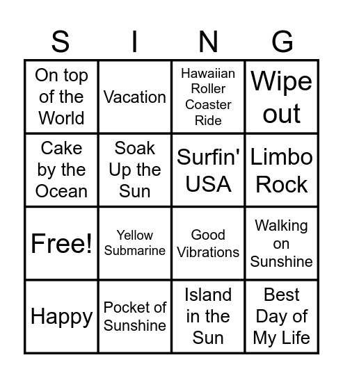 Summer Song Bingo Card