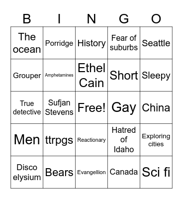 Interests and traits bingo Card