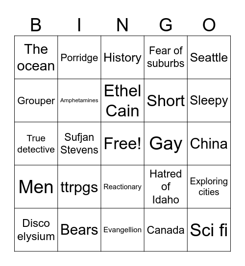 Interests and traits bingo Card