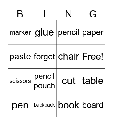 Objects at School Bingo Card