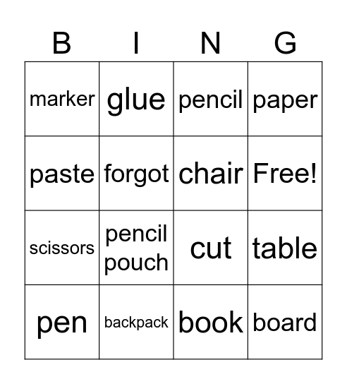 Objects at School Bingo Card