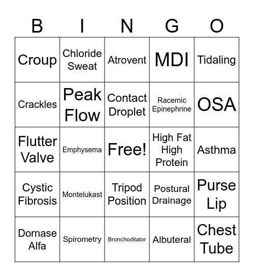 Oxygenation Bingo Card