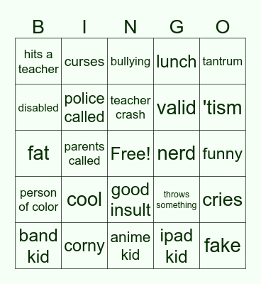 school crashout bingo Card
