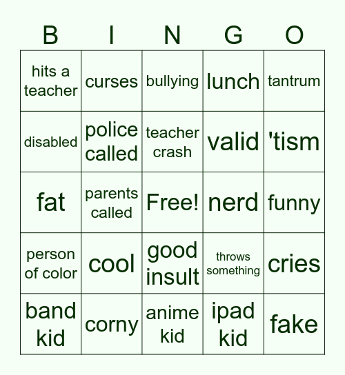 school crashout bingo Card