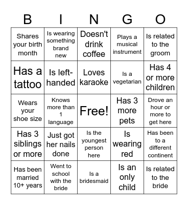 Bridal Guest Bingo Card