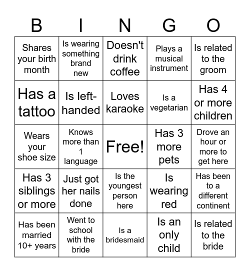 Bridal Guest Bingo Card