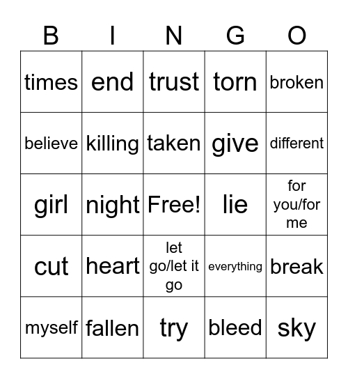 silverstein song bingo Card