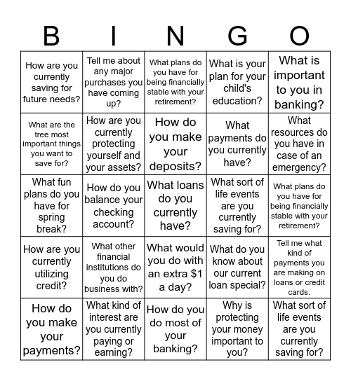 Week 2 Open Ended Questions Bingo Card