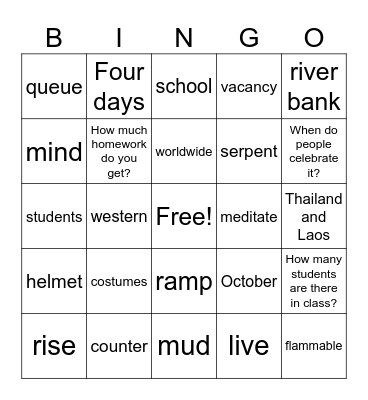 M1 Vocabulary Midterm Review Bingo Card