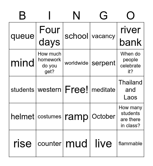M1 Vocabulary Midterm Review Bingo Card