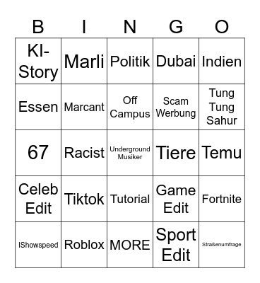 YT SHORTS BINGO Card