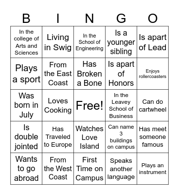 WELCOME TO SCU!! Bingo Card