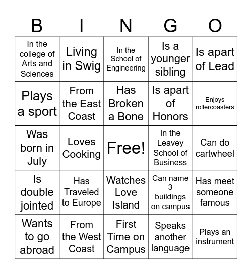 WELCOME TO SCU!! Bingo Card