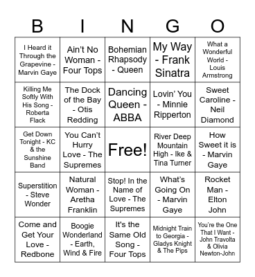 60s and 70s Music Bingo Card