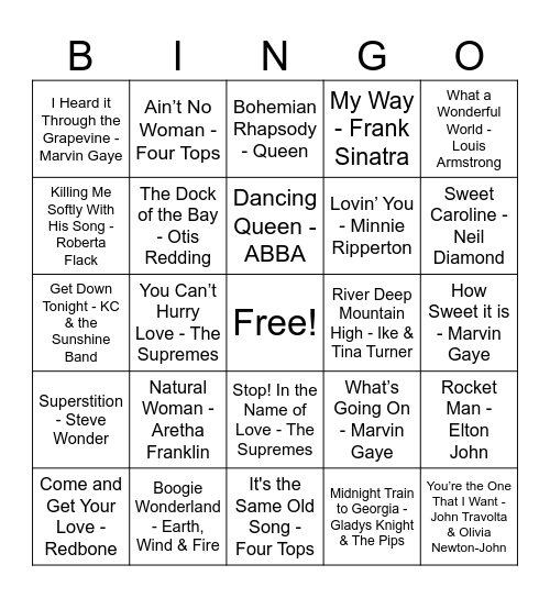 60s and 70s Music Bingo Card