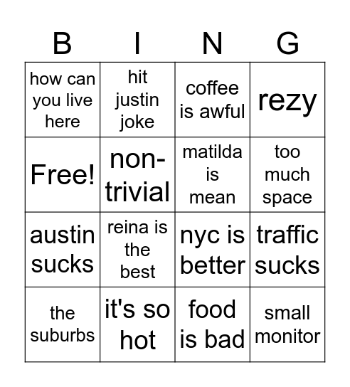 Tyler's Bingo Card
