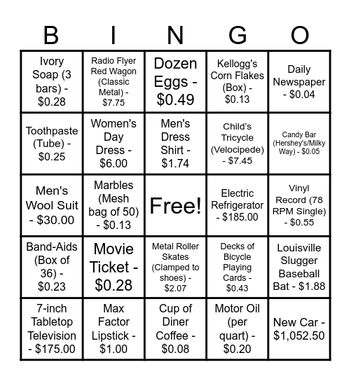 1940 PRICES BINGO SET A Bingo Card