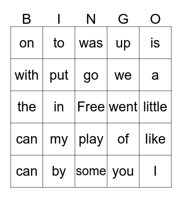 Sight Words Bingo Card