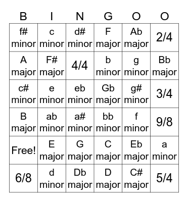 Time and Key signature bingo Card