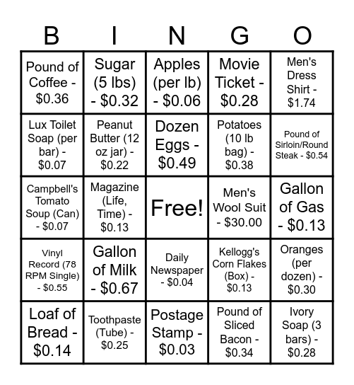 1940 PRICES BINGO SET A Bingo Card