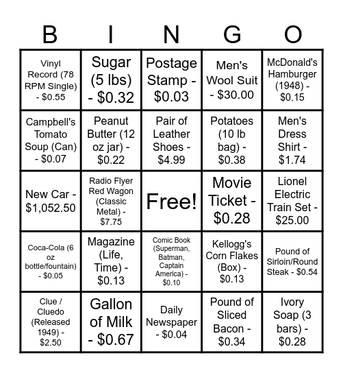 1940 PRICES BINGO SET A Bingo Card