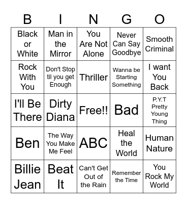 Michael Jackson Bingo Card