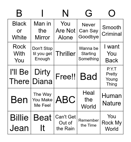Michael Jackson Bingo Card