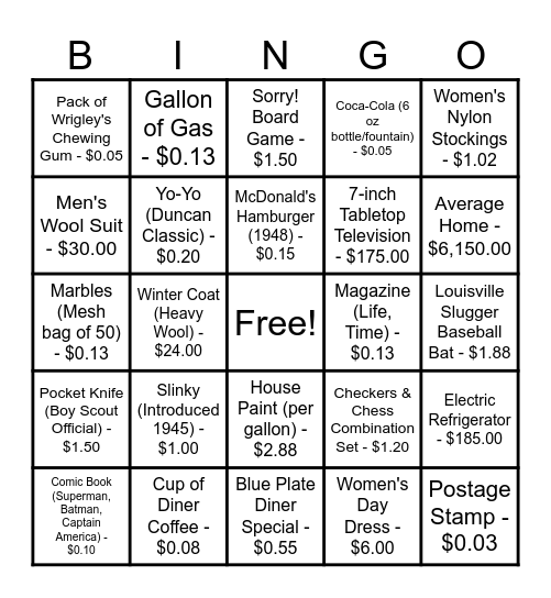 1940 PRICES BINGO SET A Bingo Card