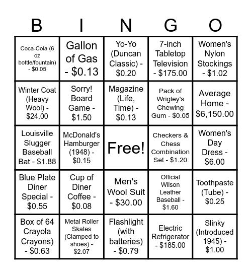 1940 PRICES BINGO SET A Bingo Card