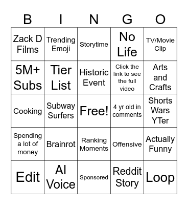 YT Shorts Bingo Card