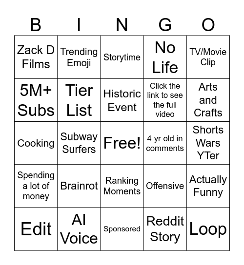 YT Shorts Bingo Card
