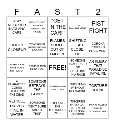 2 FAST 2 FURIOUS BINGO Card