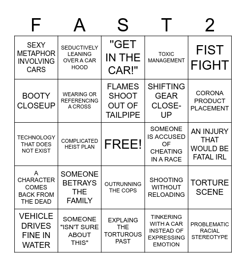 2 FAST 2 FURIOUS BINGO Card