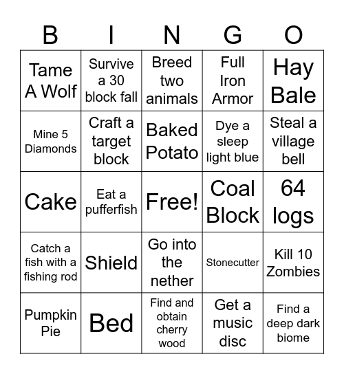 Minecraft BINGO Card