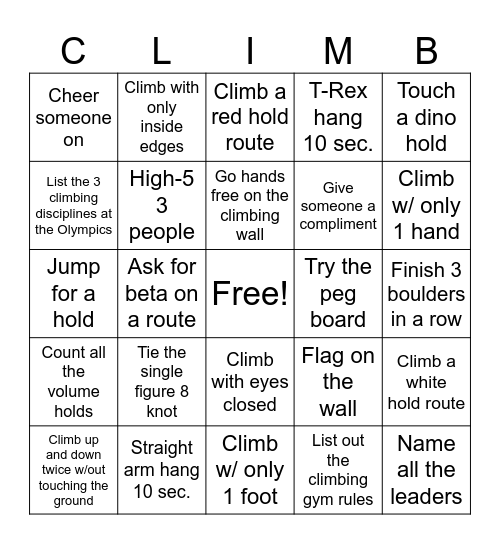 Climbing bingo Card