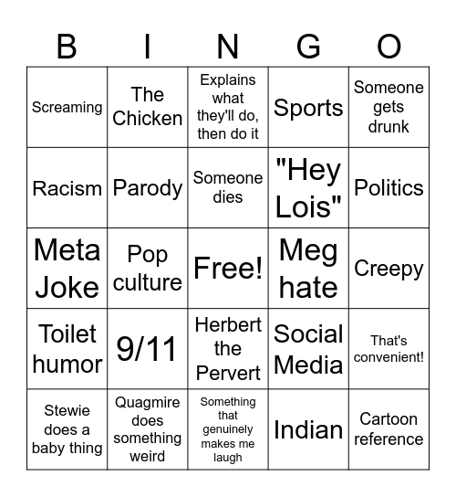 Family Guy Bingo Card