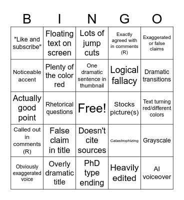 Clickbait Youtube Documentary Bingo Card