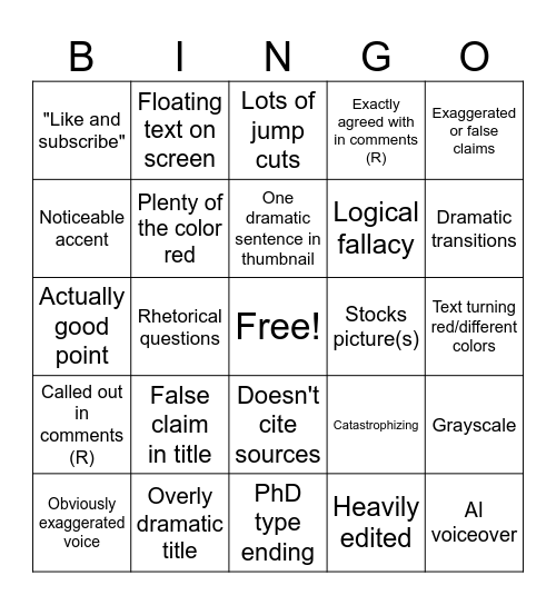 Clickbait Youtube Documentary Bingo Card