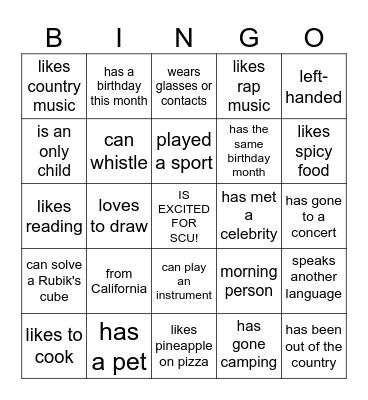 Orientation Bingo Card