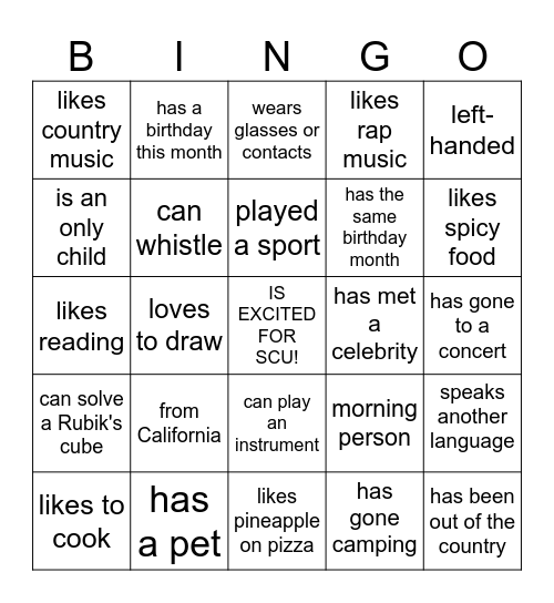Orientation Bingo Card