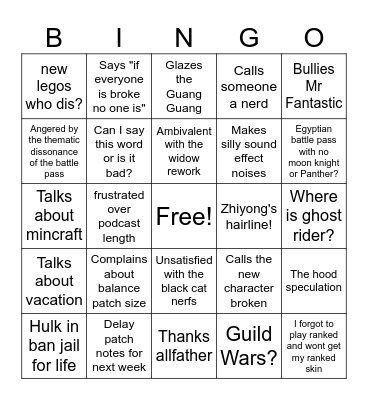 Friends and Rivals Bingo Card