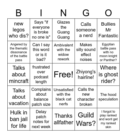 Friends and Rivals Bingo Card