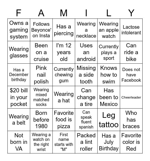 Family Vacation 2026 Bingo Card