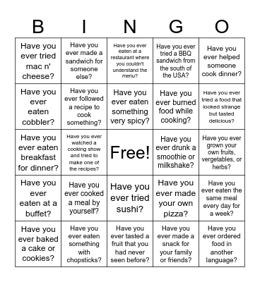 Food Bingo Card