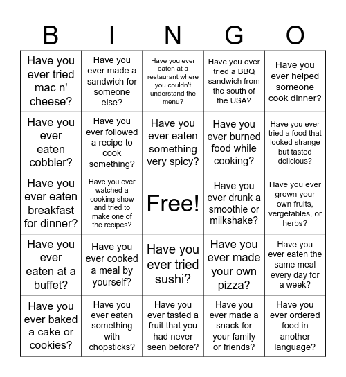 Food Bingo Card