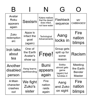 Avatar: Book Two Bingo Card
