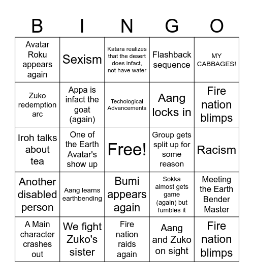 Avatar: Book Two Bingo Card